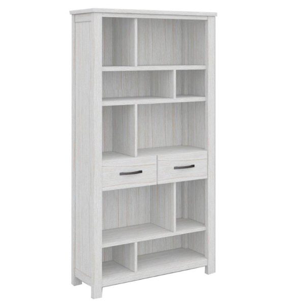 Bookshelf Bookcase 5 Tier 2 Drawers Solid Mt Ash Timber Wood – White