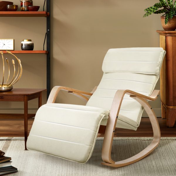 Fabric Rocking Armchair with Adjustable Footrest – Beige