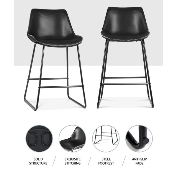 Set of 2 Bar Stools Kitchen Metal Bar Stool Dining Chairs PU Leather – Black