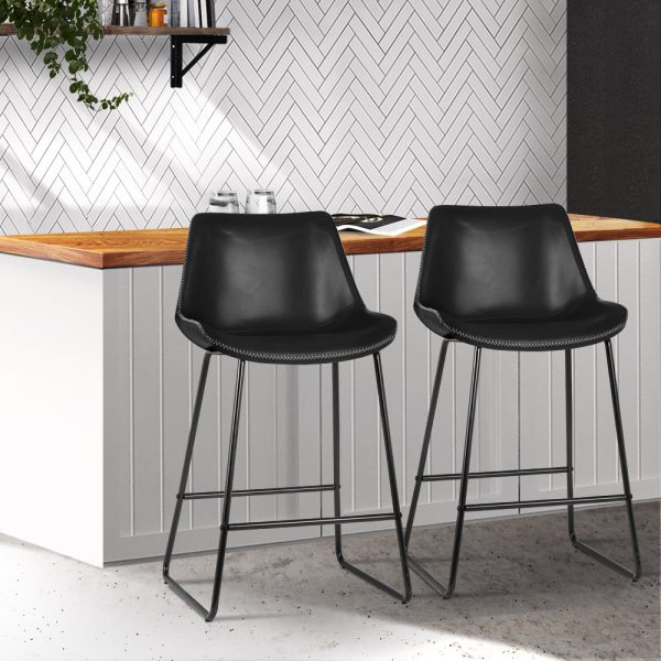 Set of 2 Bar Stools Kitchen Metal Bar Stool Dining Chairs PU Leather – Black