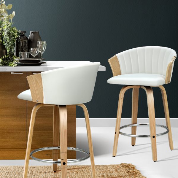 Set of 2 Bar Stools Kitchen Stool Wooden Chair Swivel Chairs Leather – White