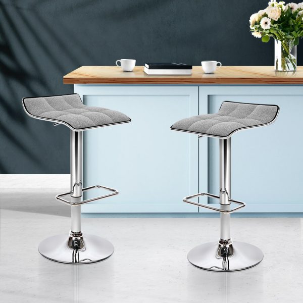 2x Bar Stools Linen Padded Gas Lift