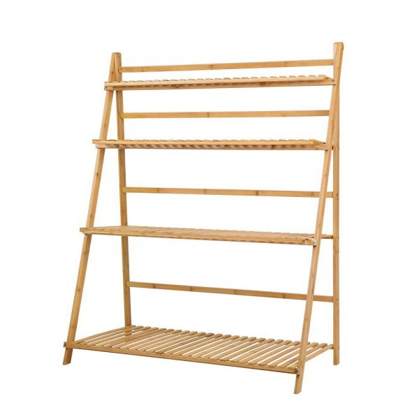 Plant Stand 4 Tier Bamboo Slat Flower Pot Shelf Pine