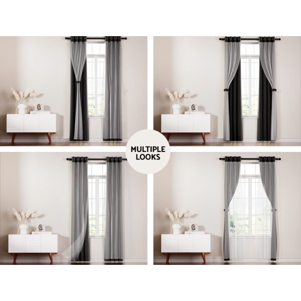 2X 132x304cm Blockout Sheer Curtains Black