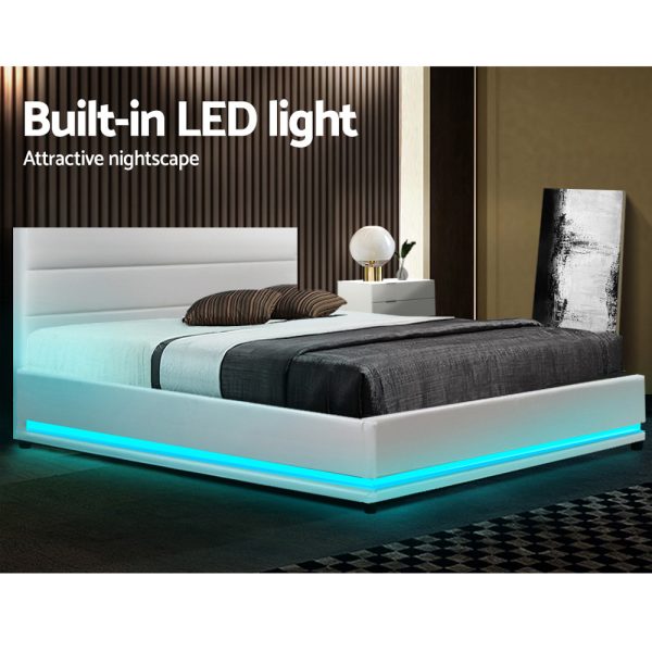 Benda LED Bed Frame PU Leather Gas Lift Storage – DOUBLE, White