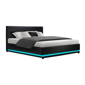 Benda LED Bed Frame PU Leather Gas Lift Storage – KING, Black