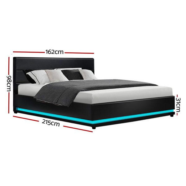 Benda LED Bed Frame PU Leather Gas Lift Storage – QUEEN, Black