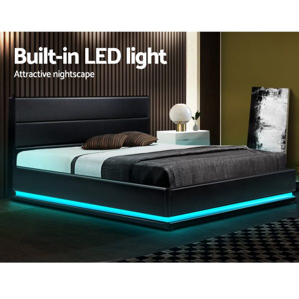 Benda LED Bed Frame PU Leather Gas Lift Storage – QUEEN, Black