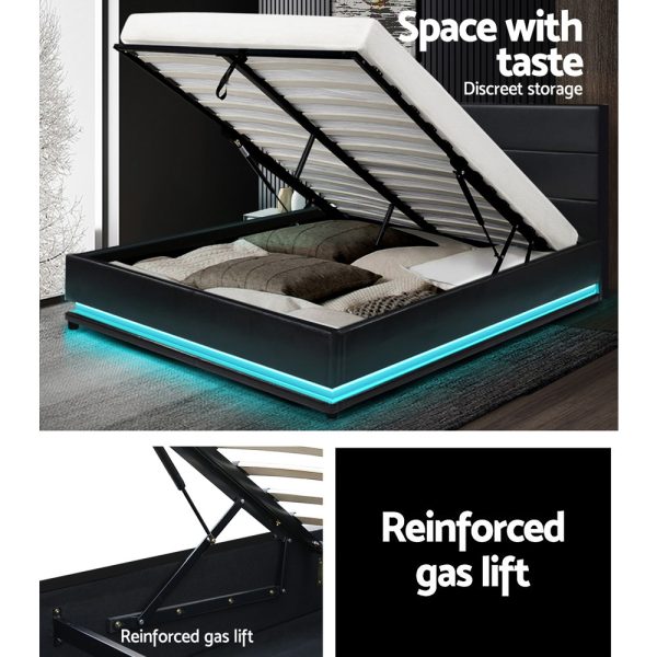 Benda LED Bed Frame PU Leather Gas Lift Storage – QUEEN, Black