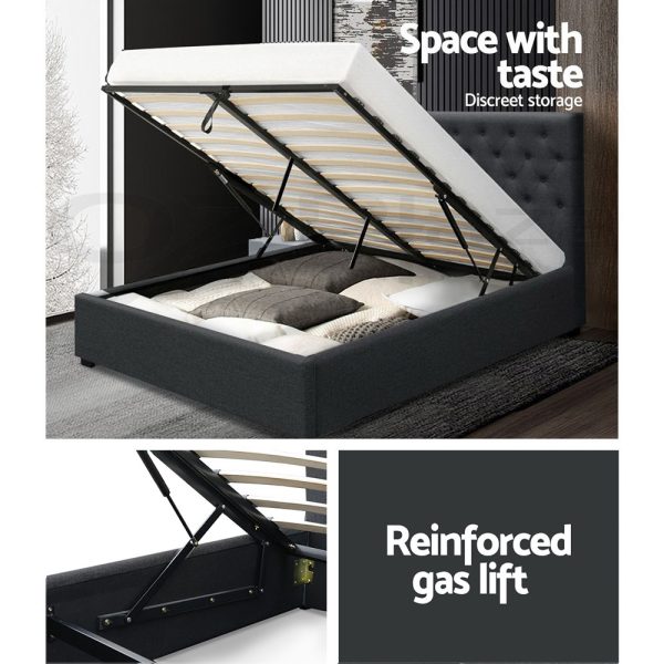 Glenroy Bed Frame Gas Lift Base With Storage Fabric Vila Collection – DOUBLE, Charcoal