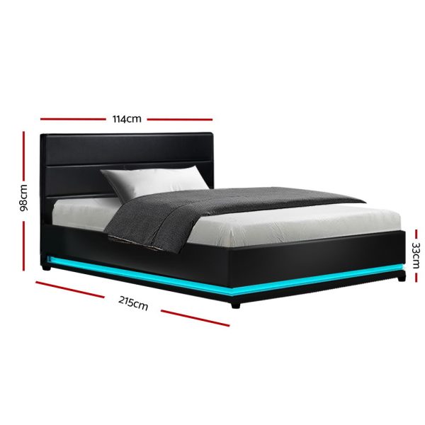 Biddon RGB LED Bed Frame King Single Size Gas Lift Base Storage Leather LUMI