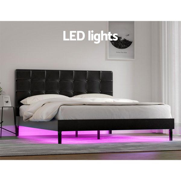 Bed Frame Queen Bed Base w LED Lights Charge Ports Black Leather RAVI