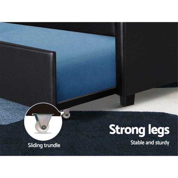 Trundle Bed Frame King Single Size Black Leather