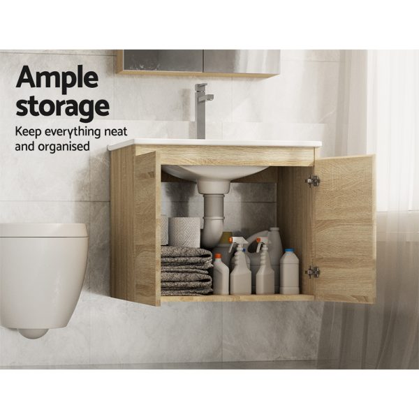 Vanity Unit Basin Cabinet Storage Bathroom Wall Mounted Ceramic 600mm – Oak