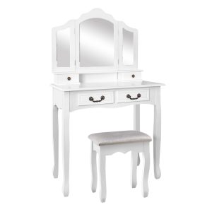 Dressing Table Stool Set Foldable Mirror White