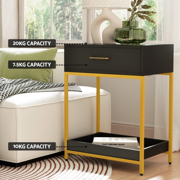 Bedside Table Drawers Side Table Shelf Storage Nightstand Black MASON