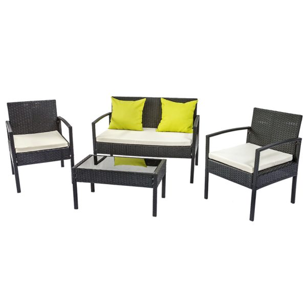 4 Seater Sofa Set Outdoor Furniture Lounge Setting Wicker Chairs Table Rattan Lounger Bistro Patio Garden Cushions Black – Without Cover