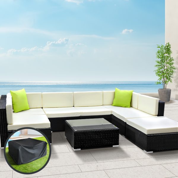 Sofa Set with Storage Cover Outdoor Furniture Wicker – 4 x Single Sofa + 2 x Corner Sofa + 1 x Table + 1 x Ottoman + 1 x storage cover