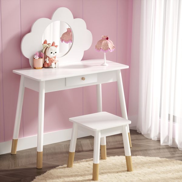 Kids Dressing Table Chair Set Vanity Makeup Wooden Leg Mirror Drawer