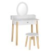 Kids Dressing Table Chair Set Wooden Leg Vanity Makeup Drawer Mirror