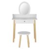 Kids Dressing Table Chair Set Wooden Leg Vanity Makeup Drawer Mirror