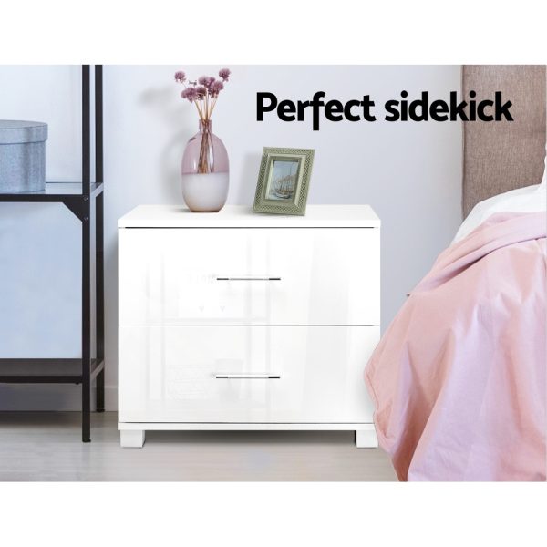 Bedside Table 2 Drawers High Gloss – White