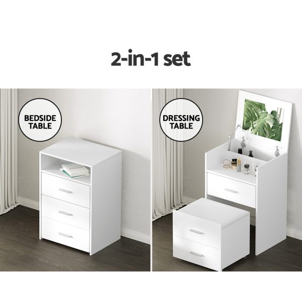 2-in-1 Dressing Table Stool Set Bedside Table White