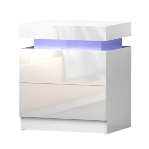 Eastbourne Bedside Tables Side Table Drawers RGB LED High Gloss Nightstand – White, Model 1