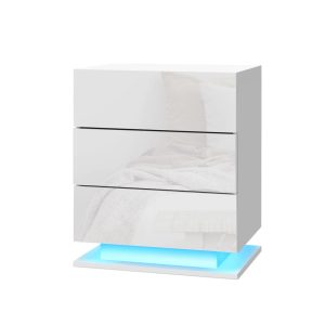 Eastbourne Bedside Tables Side Table Drawers RGB LED High Gloss Nightstand – White, Model 2