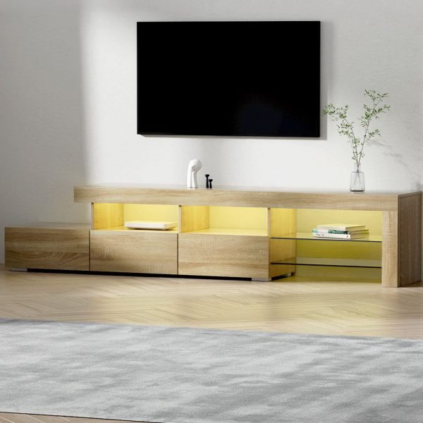 Greenock TV Cabinet Entertainment Unit Stand RGB LED Gloss Furniture 215cm – Oak