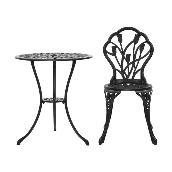 3PC Outdoor Setting Cast Aluminium Bistro Table Chair Patio – Black