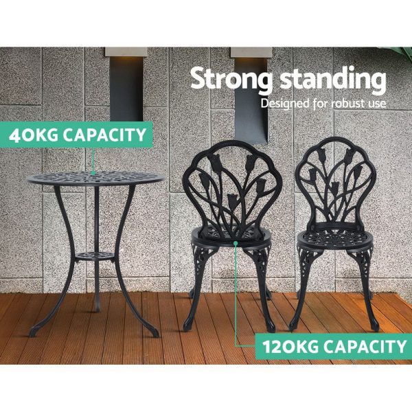 3PC Outdoor Setting Cast Aluminium Bistro Table Chair Patio – Black