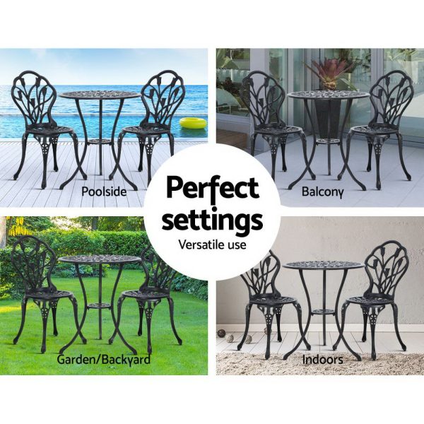 3PC Outdoor Setting Cast Aluminium Bistro Table Chair Patio – Black