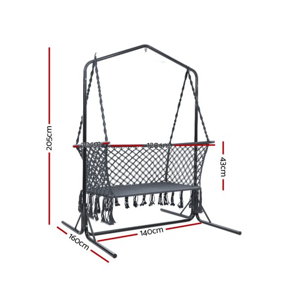 Double Swing Hammock Chair with Stand Macrame Outdoor Bench Seat Chairs – Grey