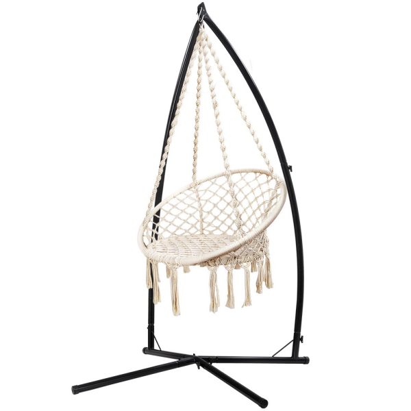 Hammock Chair Swing Bed Relax Rope Portable Outdoor Hanging Indoor 124CM – Cream, With X Shap Stand