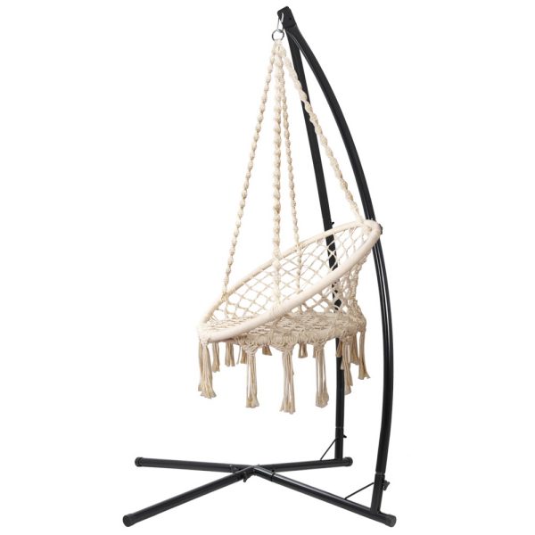 Hammock Chair Swing Bed Relax Rope Portable Outdoor Hanging Indoor 124CM – Cream, With X Shap Stand