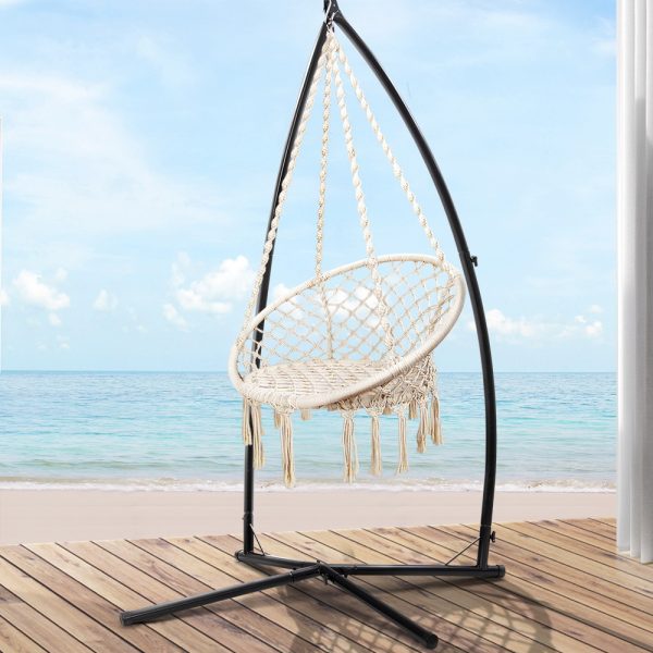 Hammock Chair Swing Bed Relax Rope Portable Outdoor Hanging Indoor 124CM – Cream, With X Shap Stand