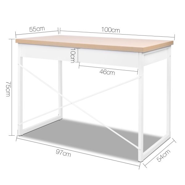 Metal Desk with Drawer – Wooden Top – Oak and White