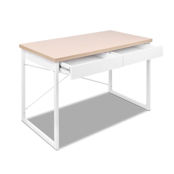 Metal Desk with Drawer – Wooden Top – Oak and White