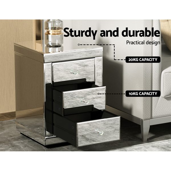 Albury Mirrored Bedside table Drawers Furniture Mirror Glass Presia – Silver, 1