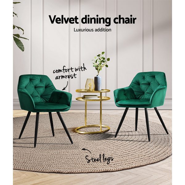 Set of 2 Calivia Dining Chairs Kitchen Chairs Upholstered Velvet – Green