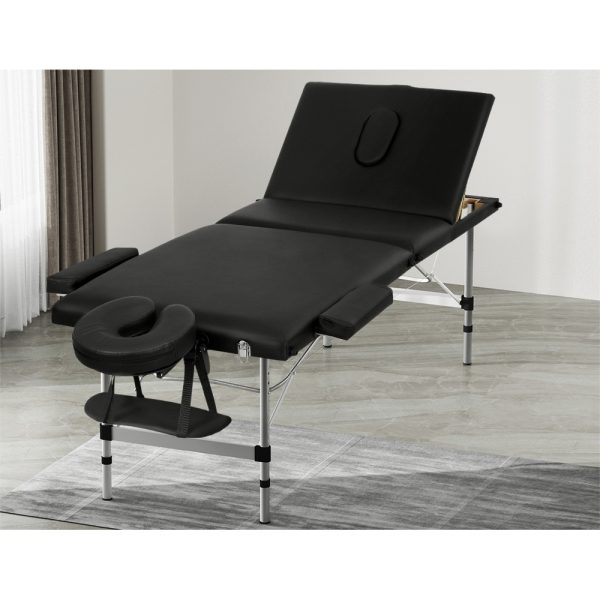 Massage Table 65CM Width 3 Fold Aluminium Portable Beauty Bed Black