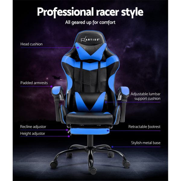 Office Chair Leather Gaming Chairs Footrest Recliner Study Work – Black and Blue