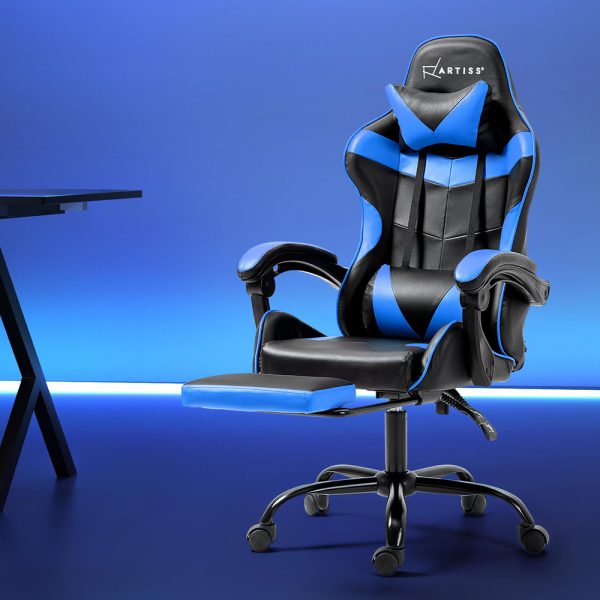 Office Chair Leather Gaming Chairs Footrest Recliner Study Work – Black and Blue