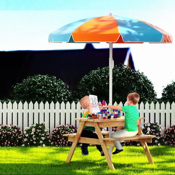 Kids Outdoor Table and Chairs Picnic Bench Seat Children Wooden Indoor – Wood, With Umbrella