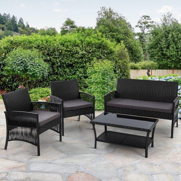 4 PCS Outdoor Furniture Lounge Setting Wicker Dining Set – Black, Without Storage Cover