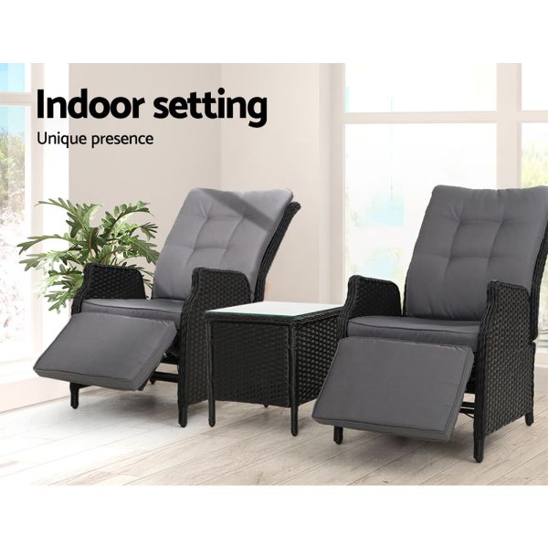 3PC Recliner Chairs Table Sun lounge Outdoor Furniture Wicker Adjustable Black