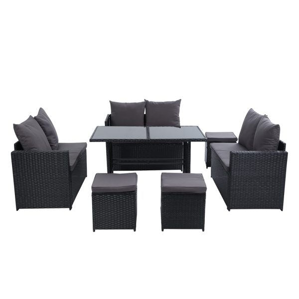 Outdoor Furniture Dining Setting Sofa Set Lounge Wicker 9 Seater – Black and Dark Grey, Without Storage Cover