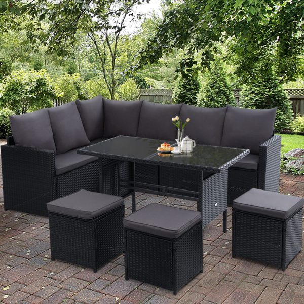 Outdoor Furniture Dining Setting Sofa Set Lounge Wicker 9 Seater – Black and Dark Grey, Without Storage Cover