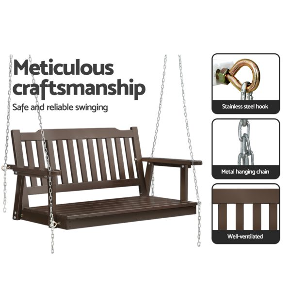 Porch Swing Chair with Chain Garden Bench Outdoor Furniture Wooden – Brown